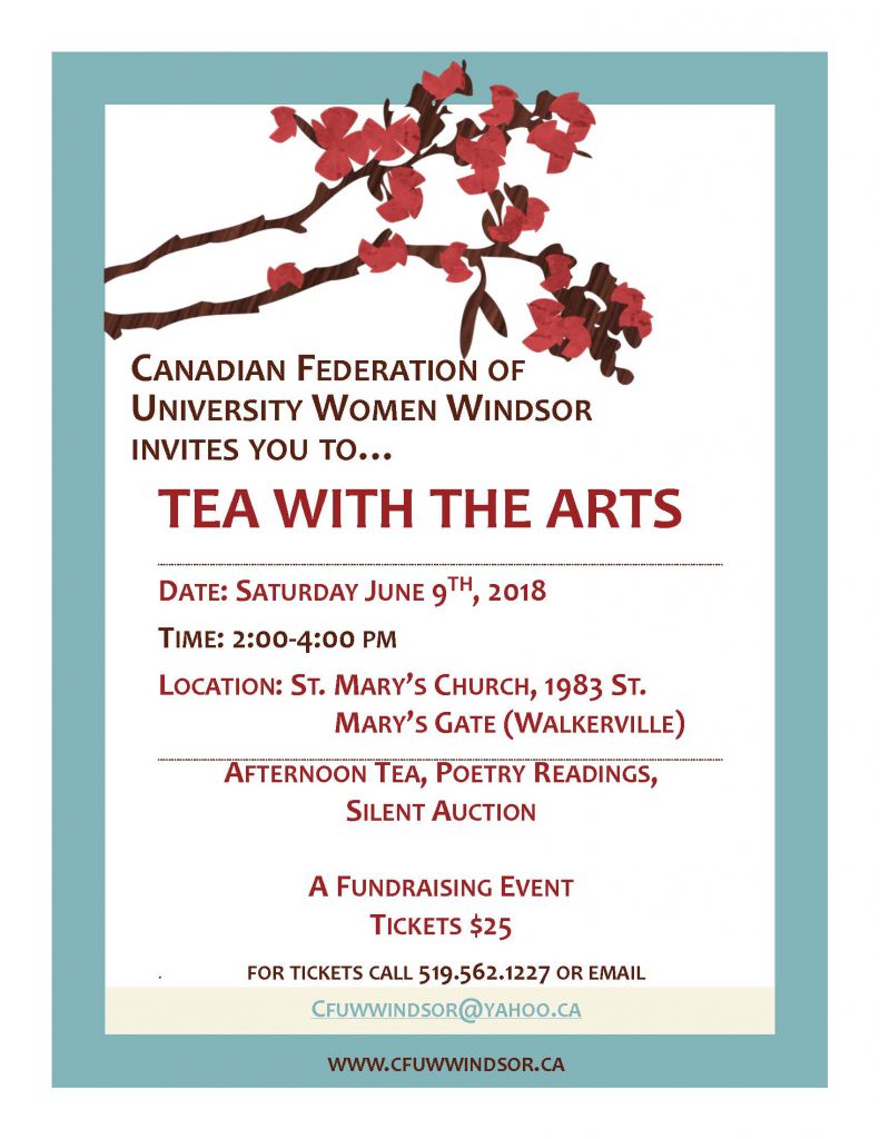 AFTERNOON TEA, POETRY READINGS, SILENT AUCTION, A FUNDRAISING EVENT FOR TICKETS CALL 519.562.1227 OR EMAIL CFUWWINDSOR@YAHOO.CA